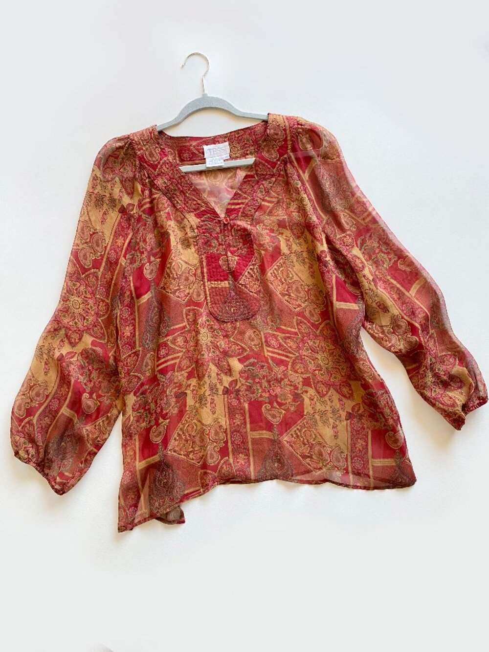 Y2K Tess 100% Silk Paisley Peasant Blouse Size 16 Boho Floral Sheer Tunic Top
